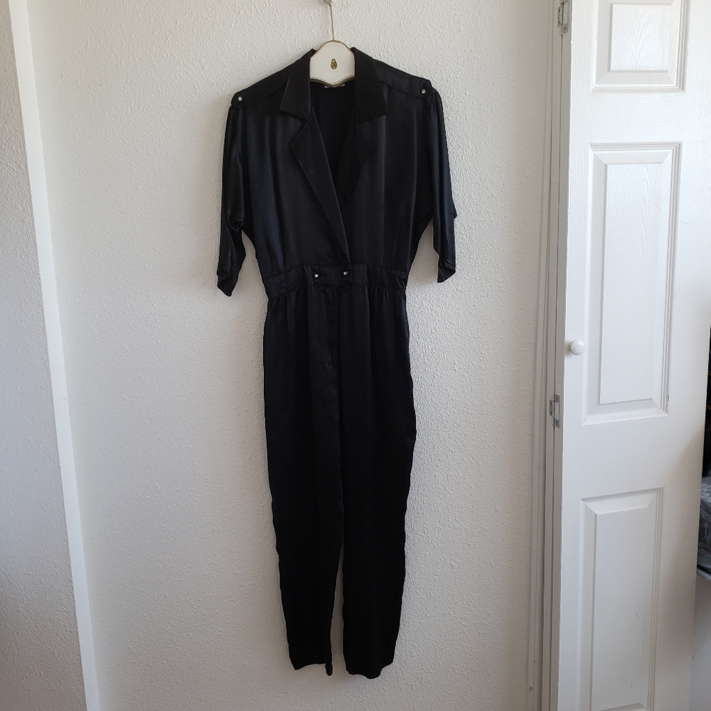 Vintage 80s Rebe Women Black Satin 3/4 Sleeve Jumpsuit